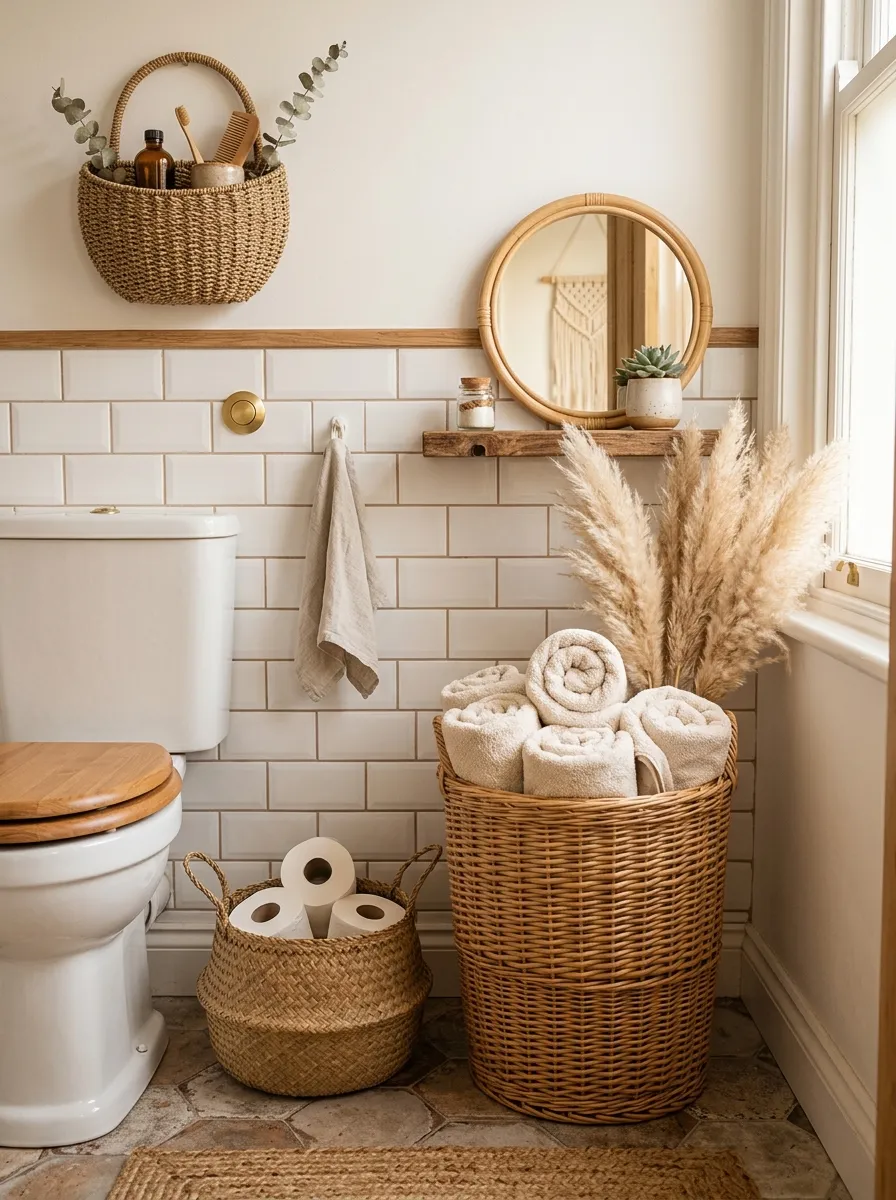 19 Boho Bathroom Ideas That Combine Soft Textures, Natural Details, and Soulful Eclectic Style 16 A Boho bathroom corner with a tall wicker basket holding towels and pampas stems, a seagrass basket for toilet rolls, and a hanging woven basket for toiletries.