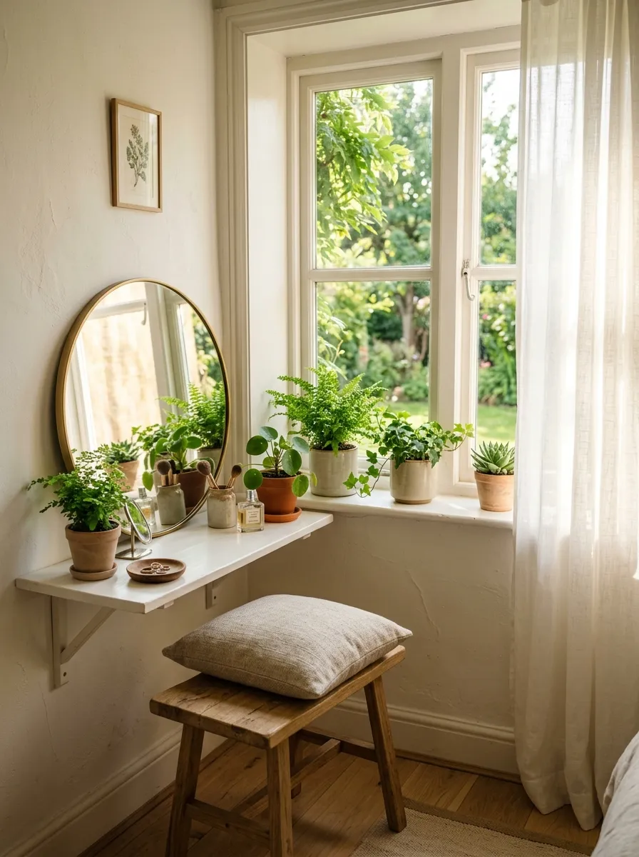 19 Small Bedroom Vanity Ideas to Create an Instagram Worthy Beauty Space With Style 10 Window alcove vanity nook with round mirror and morning sunlight in a cozy small bedroom space