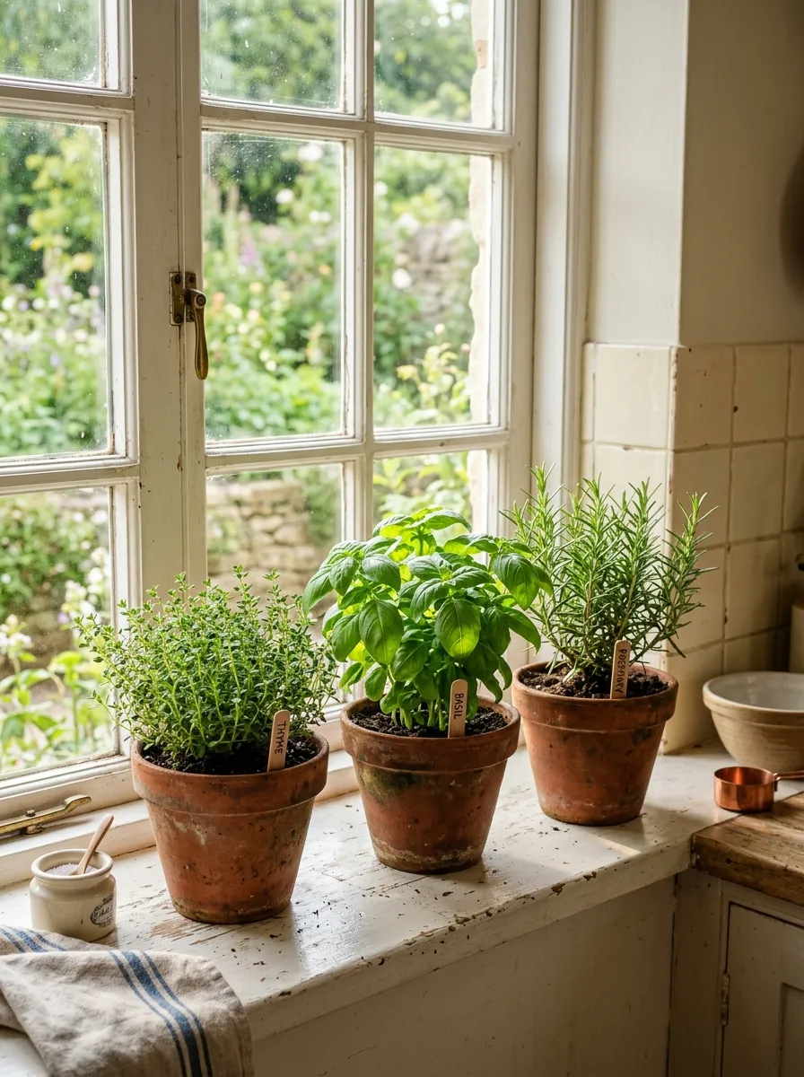 Small terracotta herb pots with basil, rosemary, and thyme on a sunny cottage kitchen windowsill in morning light