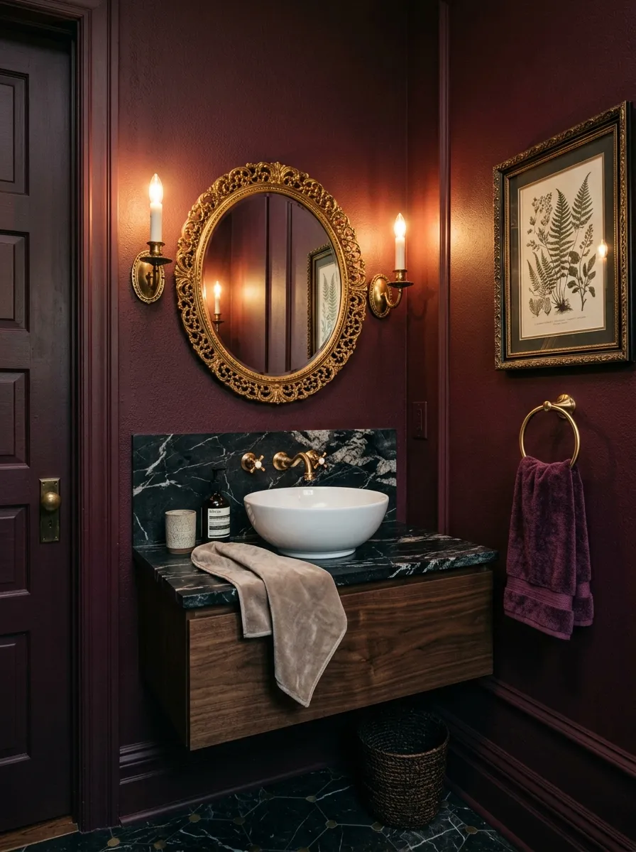 22 Dark Moody Bathroom Ideas for a Bold, Dramatic, and Surprisingly Cozy Modern Space 10 Deep burgundy wine colored bathroom walls with gold fixtures and black marble vanity in a rich moody bathroom ideas setting.