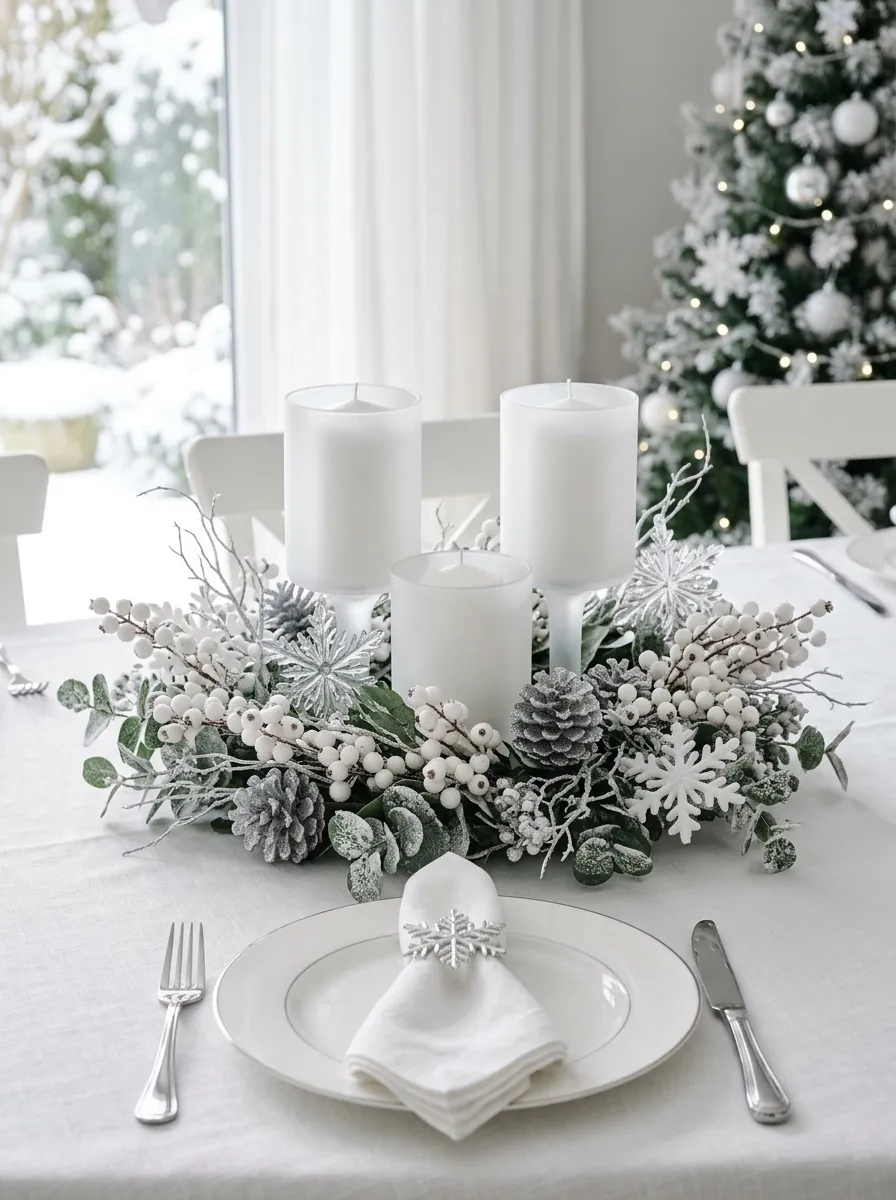 All white snowflake and candle centerpiece as clean and sophisticated Christmas table decorations
