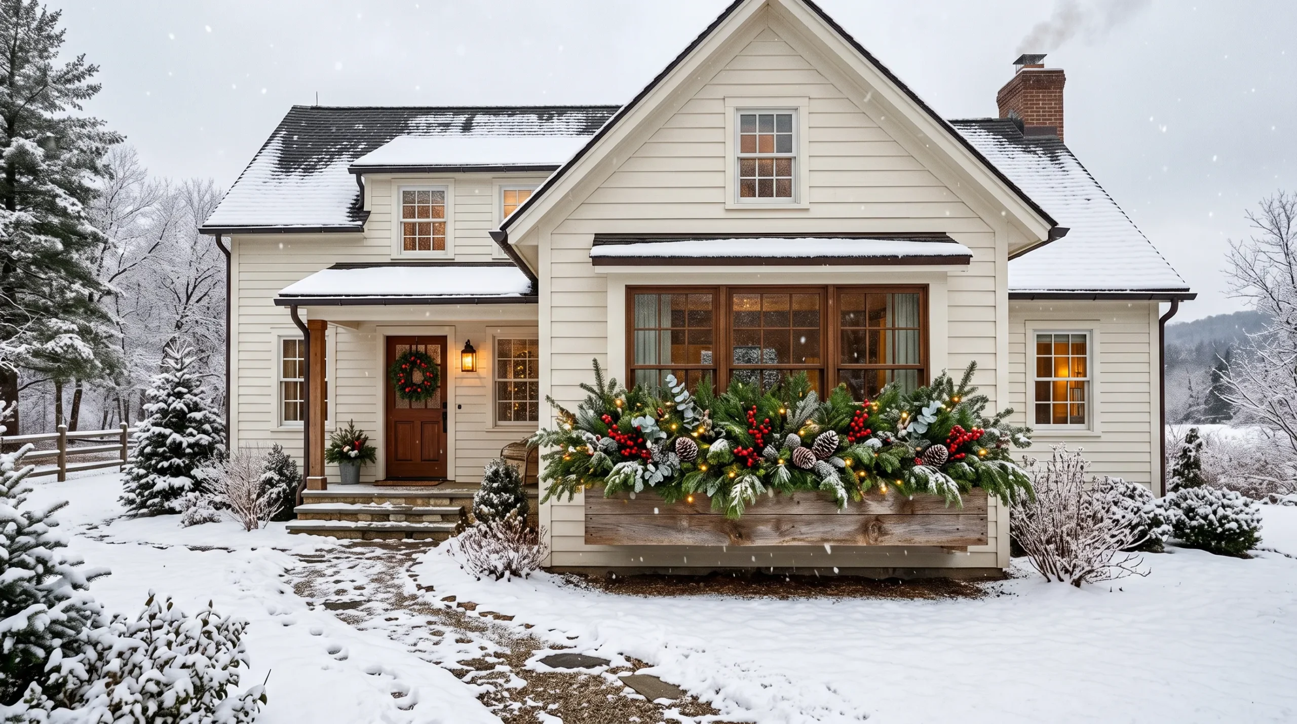 18 Winter Window Box Ideas That Bring Magical Seasonal Charm to Your Home Exterior 23 Charming farmhouse exterior with lush winter window box ideas featuring pine, berries, and fairy lights in snow