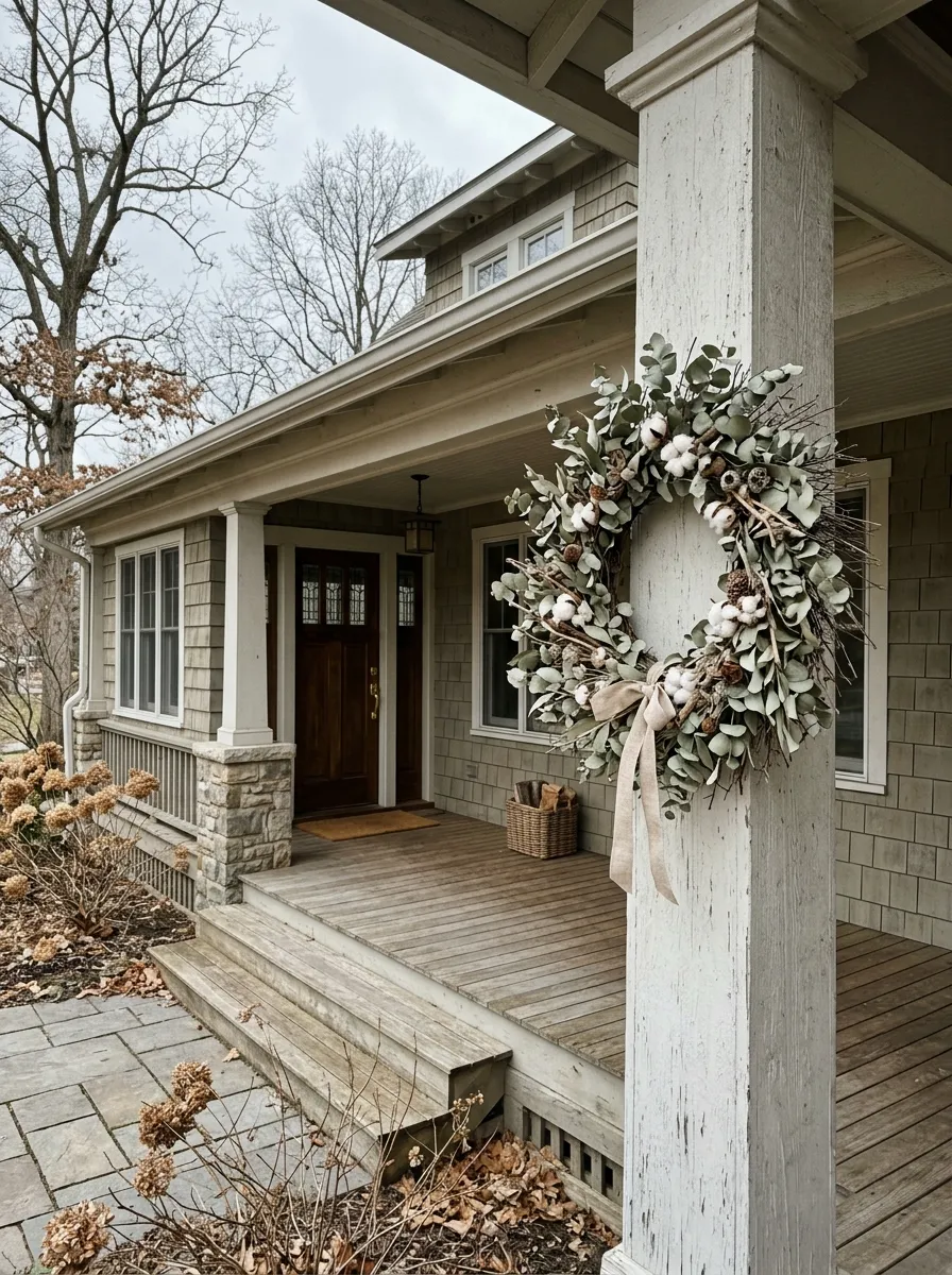 19 Winter Porch Decorating Ideas That Instantly Boost Cozy Curb Appeal All Season Long 5 Large eucalyptus cotton wreath hung on a porch column rather than the front door for creative seasonal porch decorating