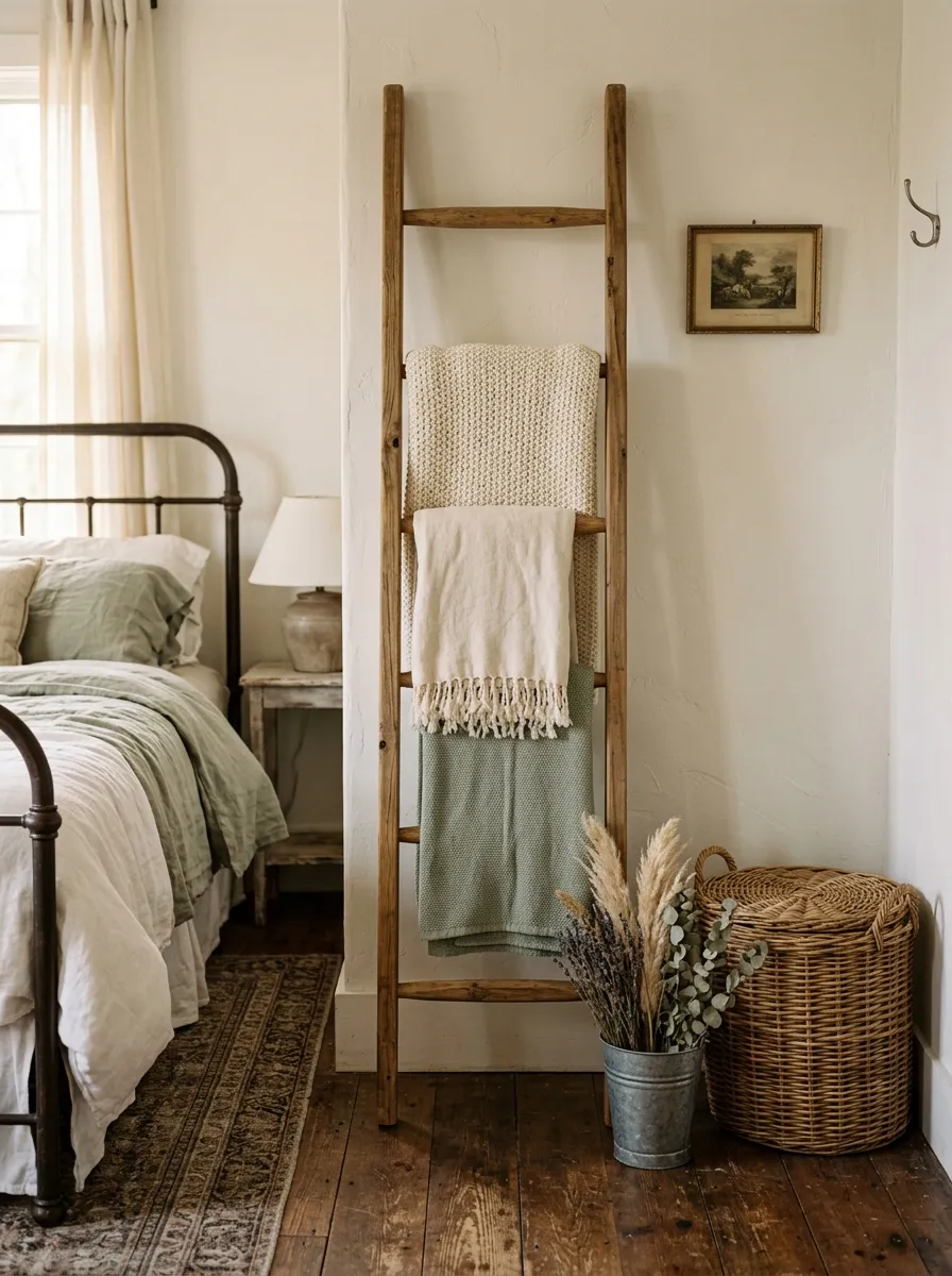 Farmhouse bedroom corner with wooden blanket ladder draped in ivory and sage throws and a lidded wicker basket on the floor
