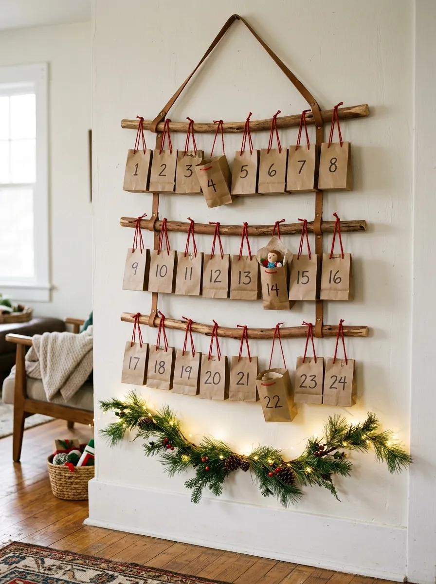 A handmade advent calendar on cedar branches with numbered kraft bags and fairy lights as a creative Christmas room decoration for the living room wall
