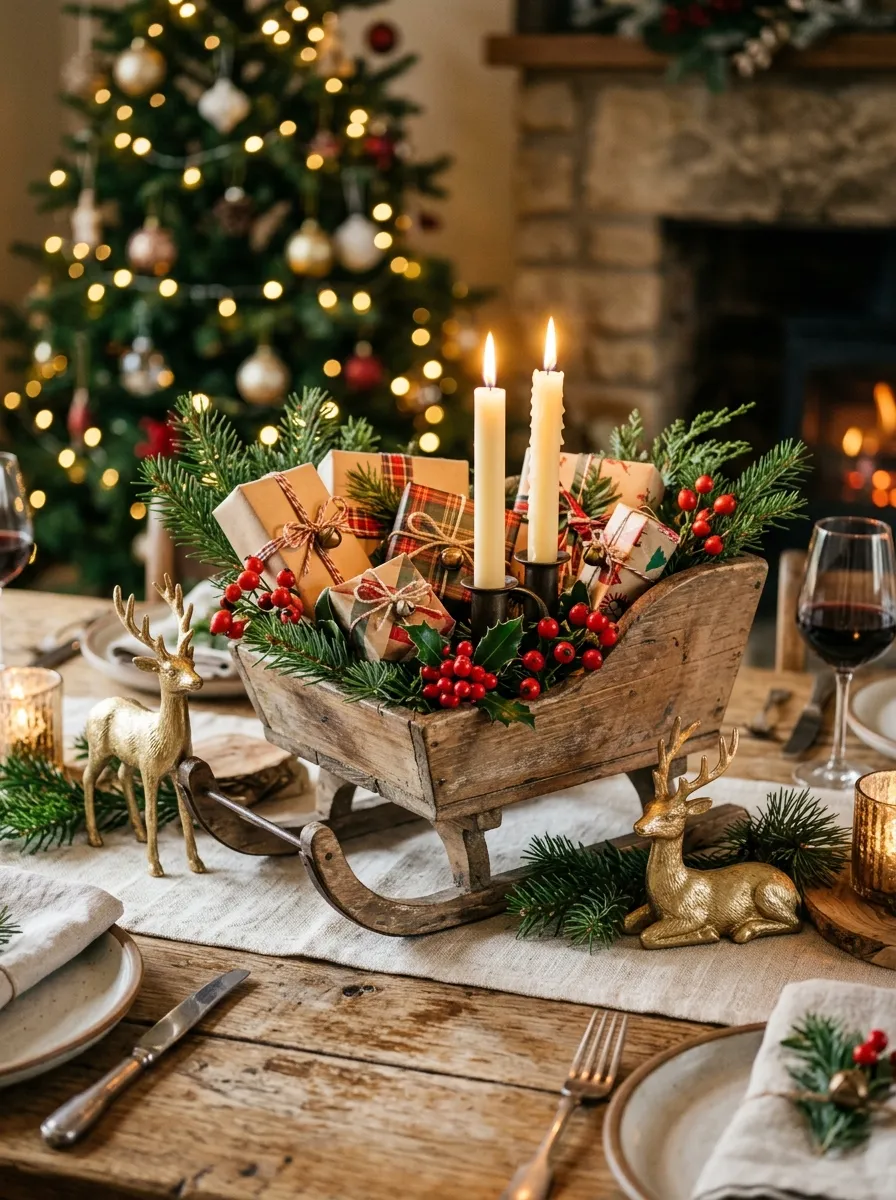 Decorative wooden sleigh with gifts, greenery, and deer figurines as charming festive DIY centerpieces