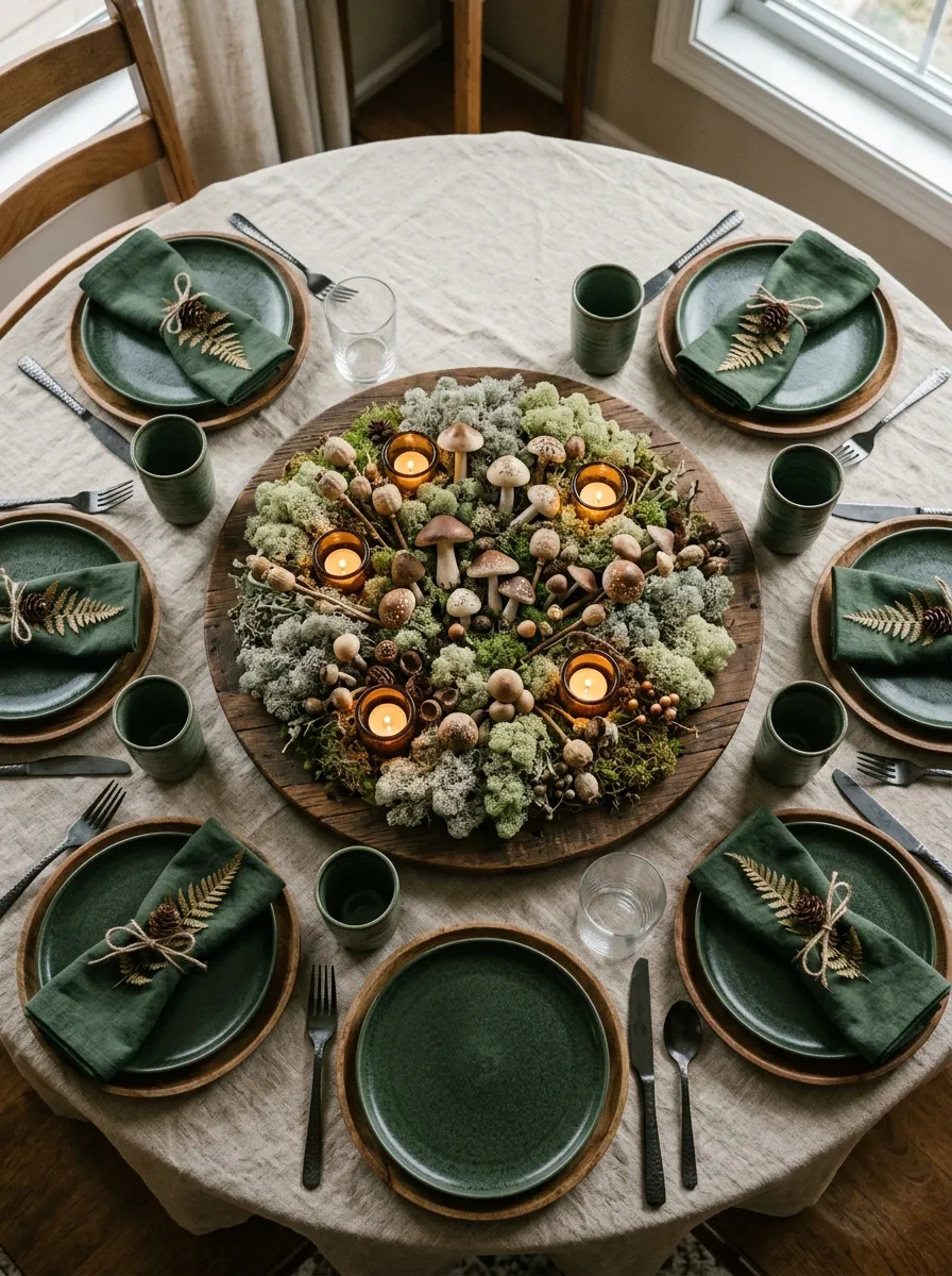 Wooden board with preserved lichen mushrooms and seed pods as a whimsical woodland nature themed table setting