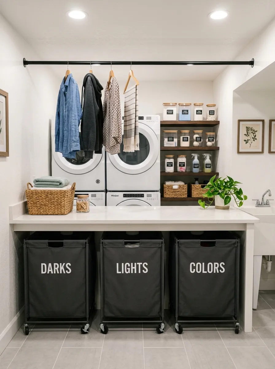 16 Basement Laundry Room Ideas That Use Smart Design Principles to Make Every Inch Work Better 14 Basement laundry room workflow station with rolling laundry sorters under quartz counter, hanging rod for air drying, and organized supply shelves