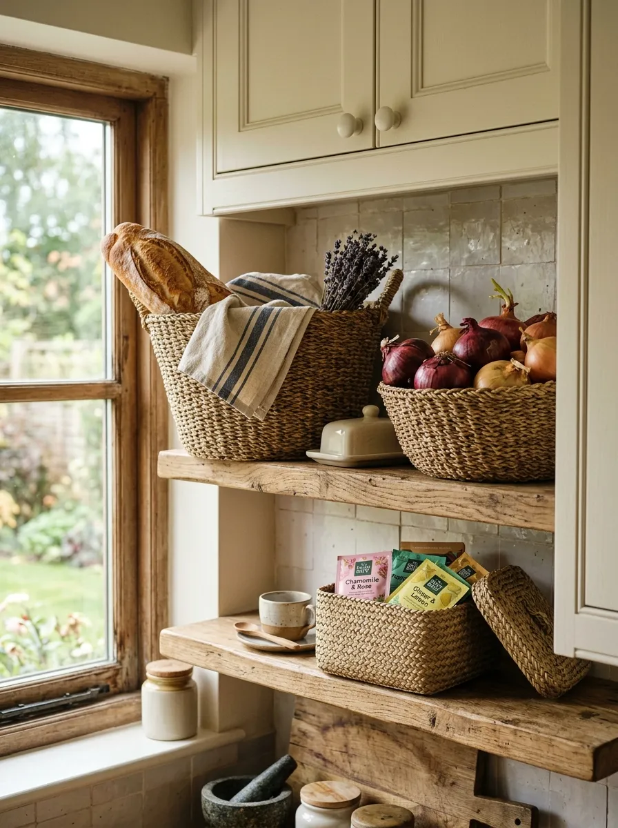 17 Farmhouse Cottage Kitchen Ideas to Master the New Timeless and Cozy Design Aesthetic 7 Natural seagrass woven baskets on open shelves in a rustic farmhouse kitchen with cream cabinetry