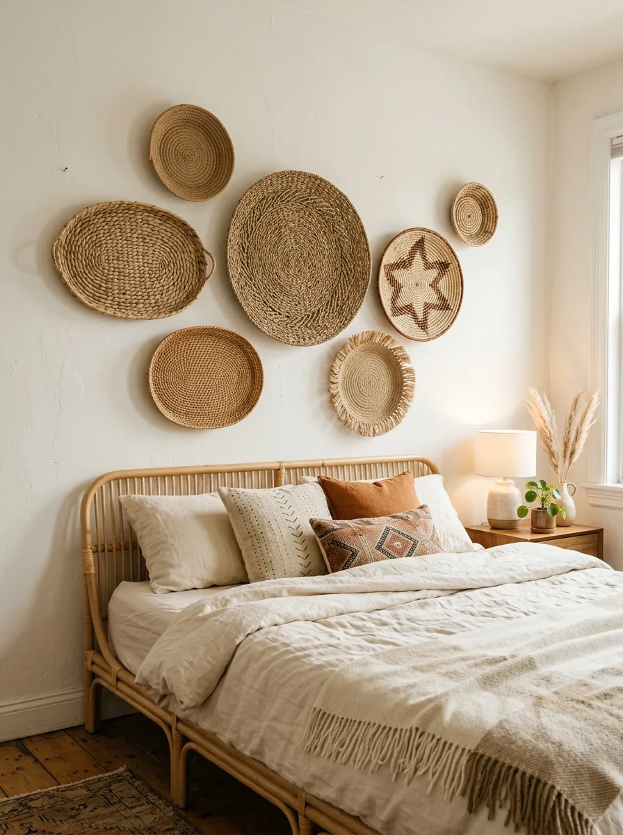 23 Curated Boho Bedroom Ideas for a Cozy, Inviting, and Effortlessly Stylish Retreat 10 Seven round and oval woven baskets arranged asymmetrically on a white wall above a rattan bed in a Boho bedroom