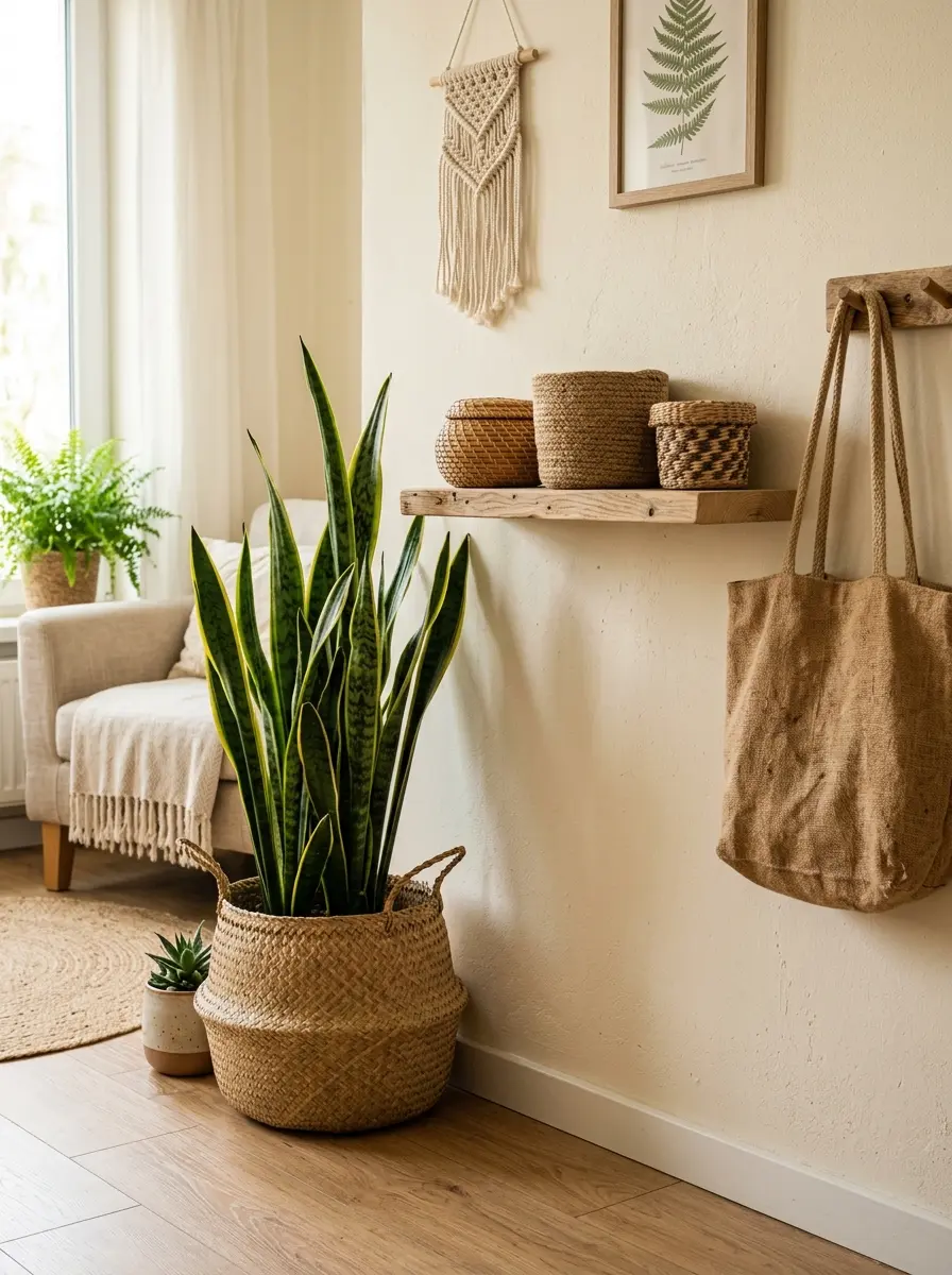 22 Boho Apartment Ideas That Turn Small Spaces Into Soulful, Cozy, and Stylish Sanctuaries 17 A Boho apartment corner with a large seagrass basket plant holder, woven baskets on a shelf, and a jute bag on a wall hook in warm afternoon light.