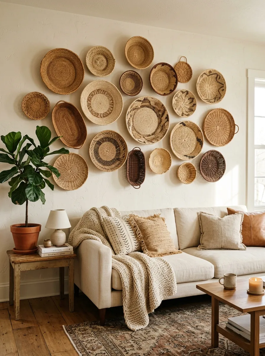 Bohemian living room wall with artful arrangement of hand woven rattan and seagrass baskets in varying sizes above cream linen sofa