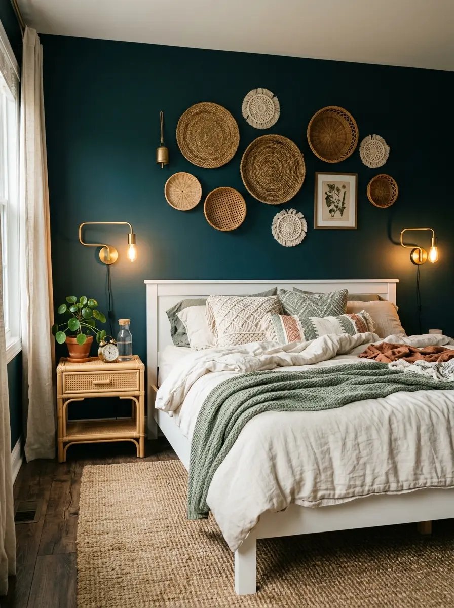 20 Dark Boho Bedroom Ideas That Embrace Moody Colors, Cozy Textures, and Relaxing Nighttime Style 11 A dark Boho bedroom with teal walls and a gallery of woven seagrass plates, rattan rounds, and macramé on the wall