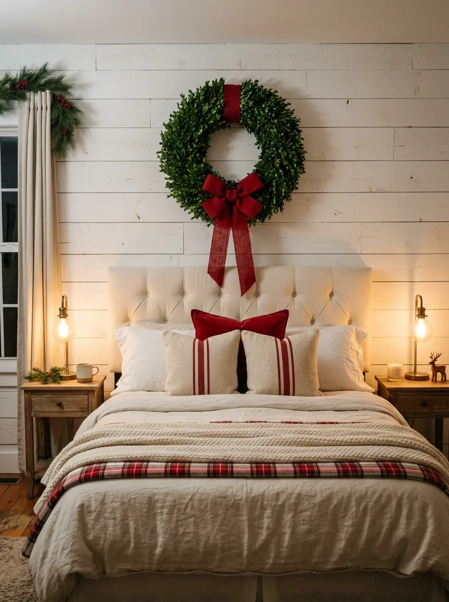 21 Christmas Bedroom Ideas That Make Your Space Feel Magical, Cozy, and Full of Holiday Charm 12 A white shiplap accent wall with a large boxwood wreath above the bed for a farmhouse style Christmas bedroom focal point.