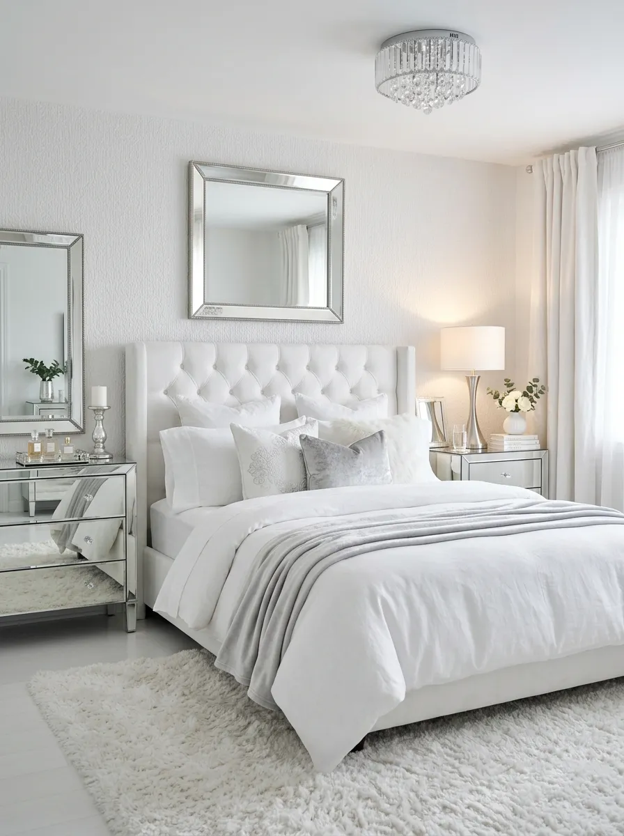 21 Glam Room Ideas That Perfectly Balance Drama, Comfort, Beauty, and Everyday Function 13 White bedroom with silver mirrored nightstand, tufted white headboard, and layered silver bedding in a monochrome glam aesthetic