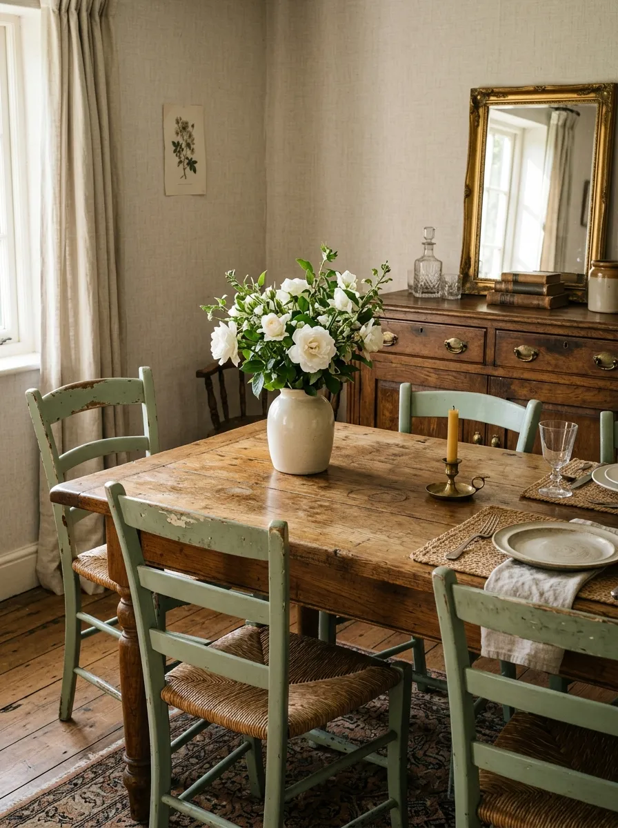 Antique oak dining table with worn sage green chairs and aged sideboard in a Nancy Meyers home decor dining style