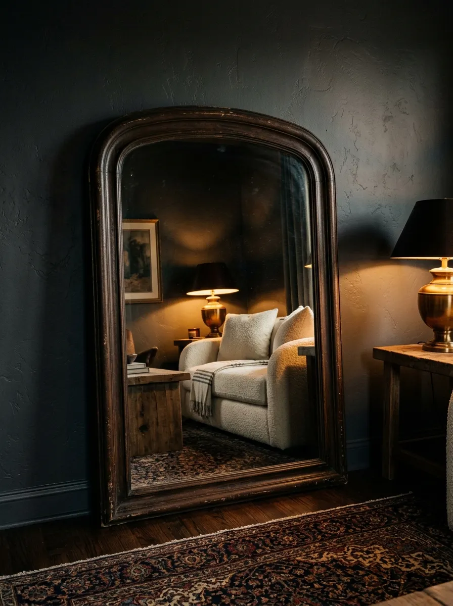 23 Moody Living Room Ideas Using Contrast, Warm Lighting, and Layered Texture for a Cozy Atmosphere 18 Arched dark wood mirror reflecting warm brass lamp in a moody living room with charcoal walls