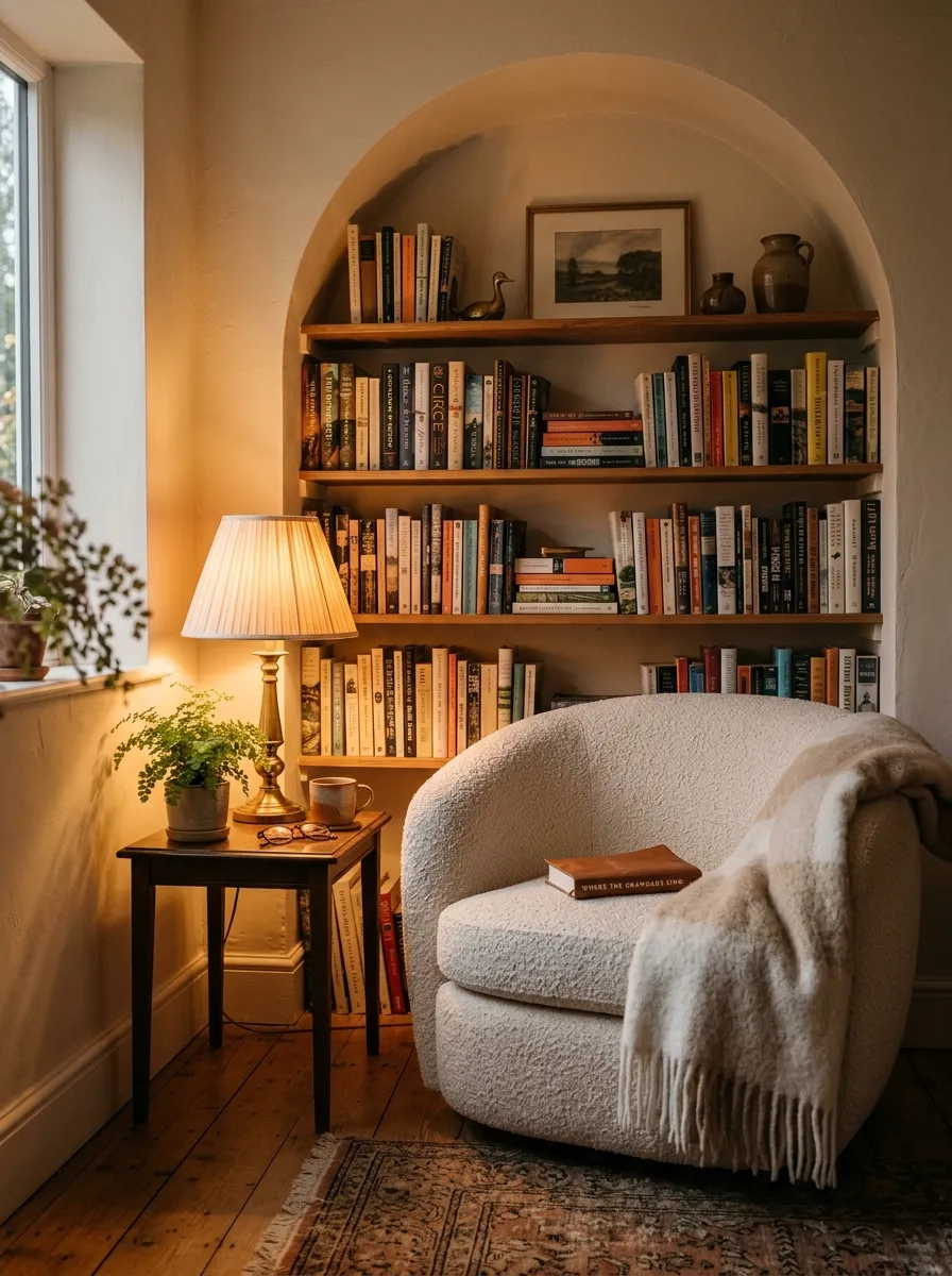A cozy arched built in bookshelf nook with a cream bouclé armchair, warm table lamp, and a plush wool throw