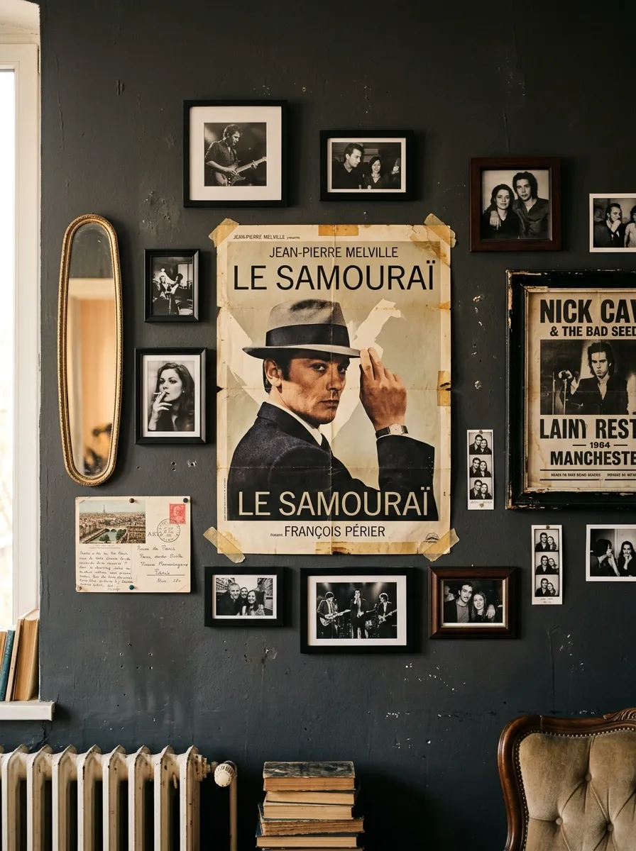 19 Grunge Apartment Ideas That Follow Quiet Design Rules for a Cool, Moody, and Authentic Space 8 Asymmetrical grunge apartment gallery wall with vintage posters, mixed frames, and pinned photos on a dark painted wall