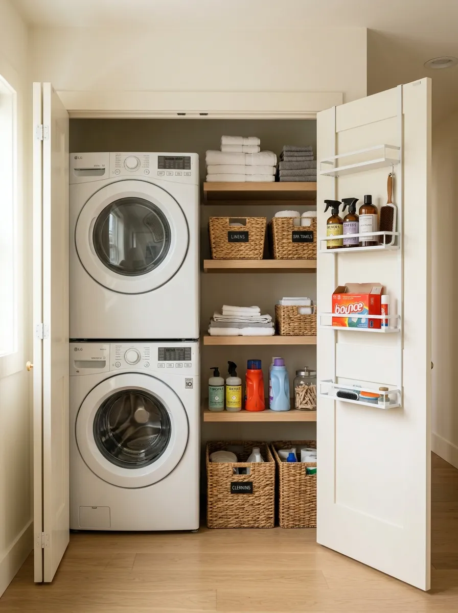 15 Laundry Closet Ideas That Use Thoughtful Design to Solve Everyday Organization and Storage Problems 4 Bifold door laundry closet open to show stacked machines, shelving, and an over door organizer with laundry supplies