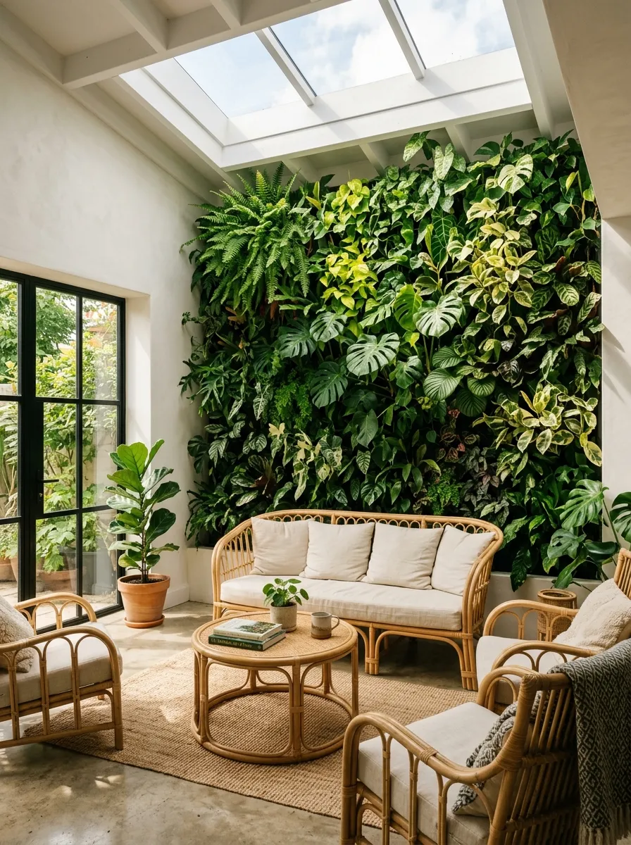 A bright living room with a lush floor to ceiling vertical plant wall, rattan furniture, and a polished concrete floor