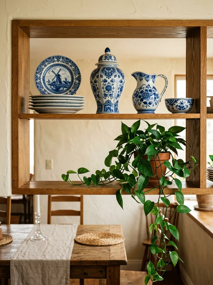 Blue and white china collection on open wooden shelving in a Nancy Meyers dining room home decor style