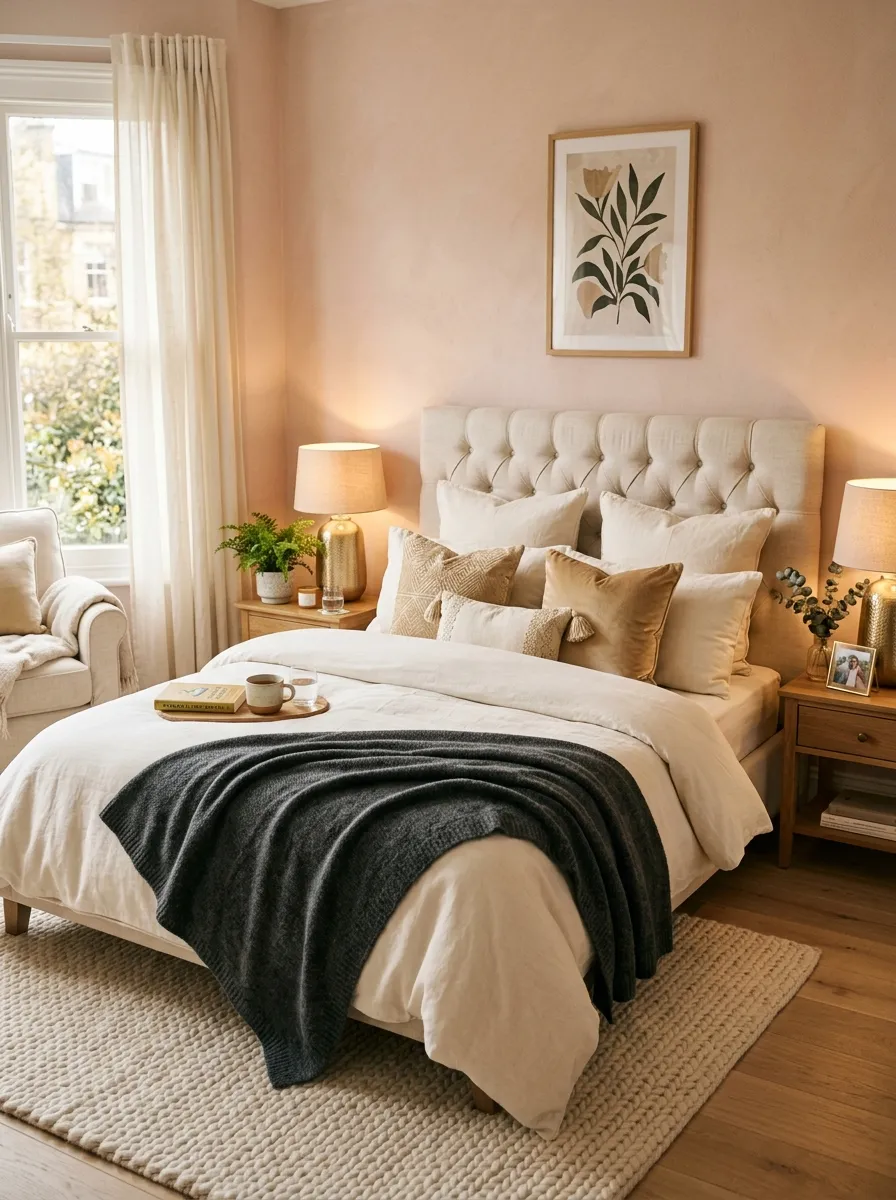 21 Glam Room Ideas That Perfectly Balance Drama, Comfort, Beauty, and Everyday Function 10 Warm blush pink bedroom walls with cream tufted headboard, champagne gold lamps, and charcoal throw accent in a glamorous bedroom palette