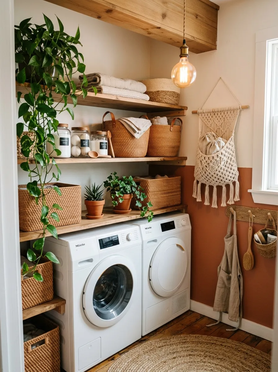 15 Laundry Closet Ideas That Use Thoughtful Design to Solve Everyday Organization and Storage Problems 14 Boho laundry closet with rattan baskets on wood shelves macrame bag and trailing plant in warm earthy tones