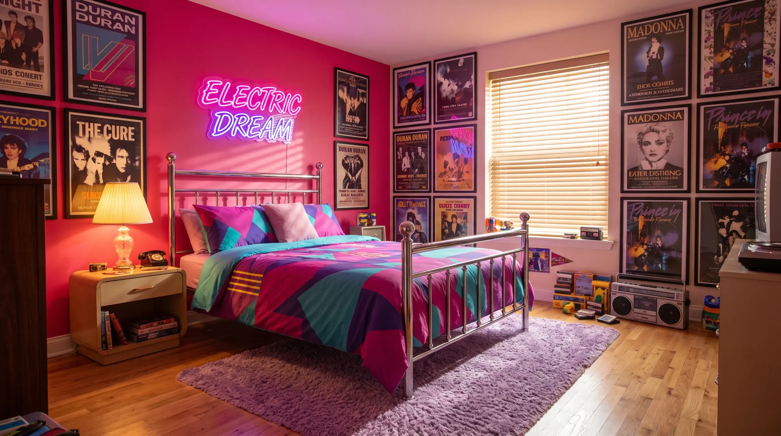 80s Bedroom ideas featuring neon accents, pastel colors, chrome furniture, and bold retro decor styles
