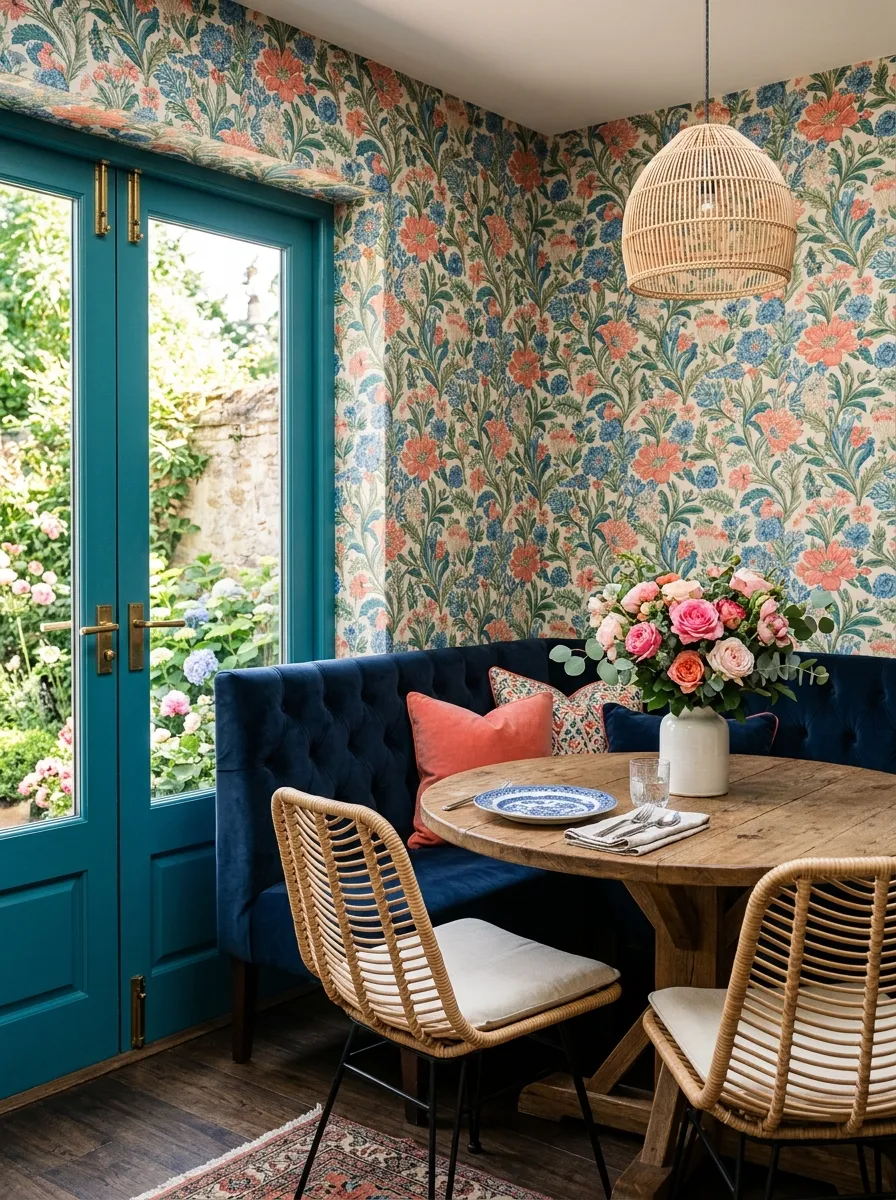 Coral botanical wallpaper dining nook with teal French doors and navy banquette in a Nancy Meyers dining room style