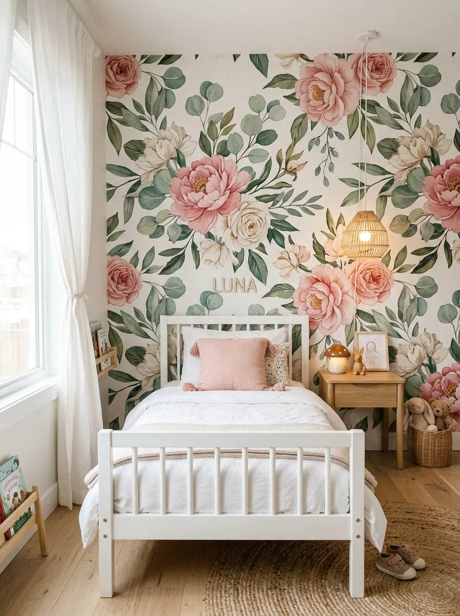 A large scale blush floral wallpaper accent wall behind a white bed frame in a bright little girl bedroom with botanical botanical print pattern