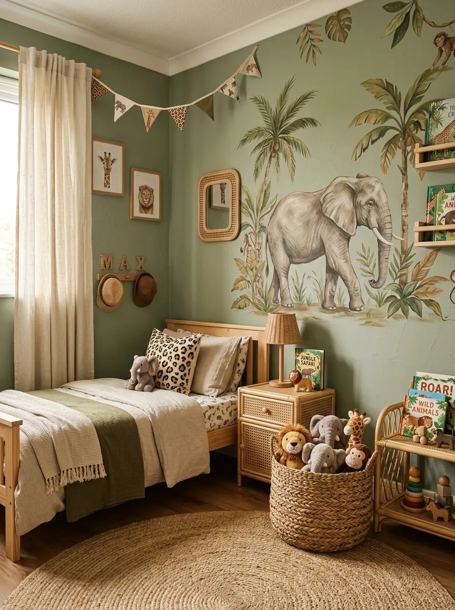19 Toddler Boy Bedroom Ideas Designers Use to Create Fun Themes Without Making the Room Feel Too Childish 13 Boy toddler bedroom jungle safari theme with sage green walls, elephant mural, rattan furniture, and woven basket