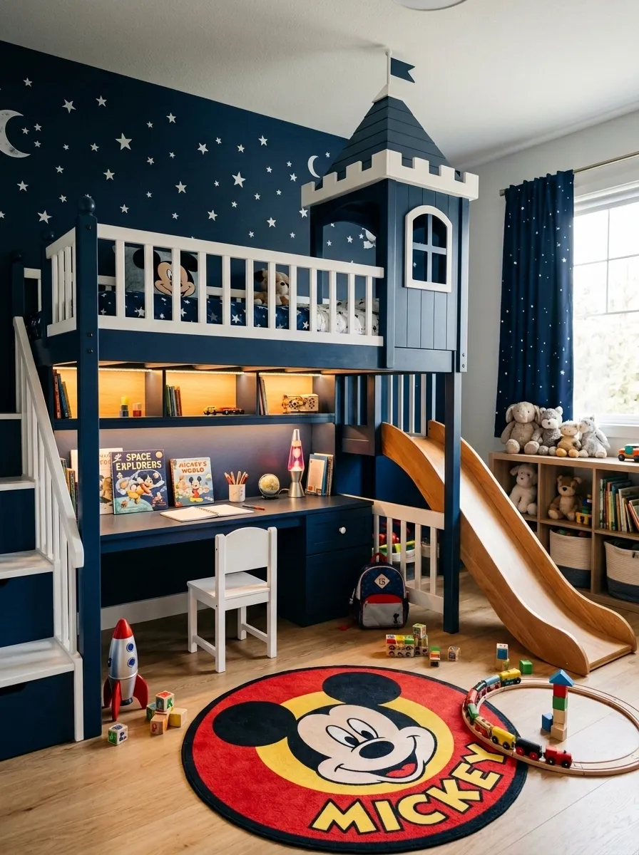 19 Toddler Boy Bedroom Ideas Designers Use to Create Fun Themes Without Making the Room Feel Too Childish 6 Boy toddler bedroom loft bed with slide, built in desk underneath, star decals, and navy white color scheme