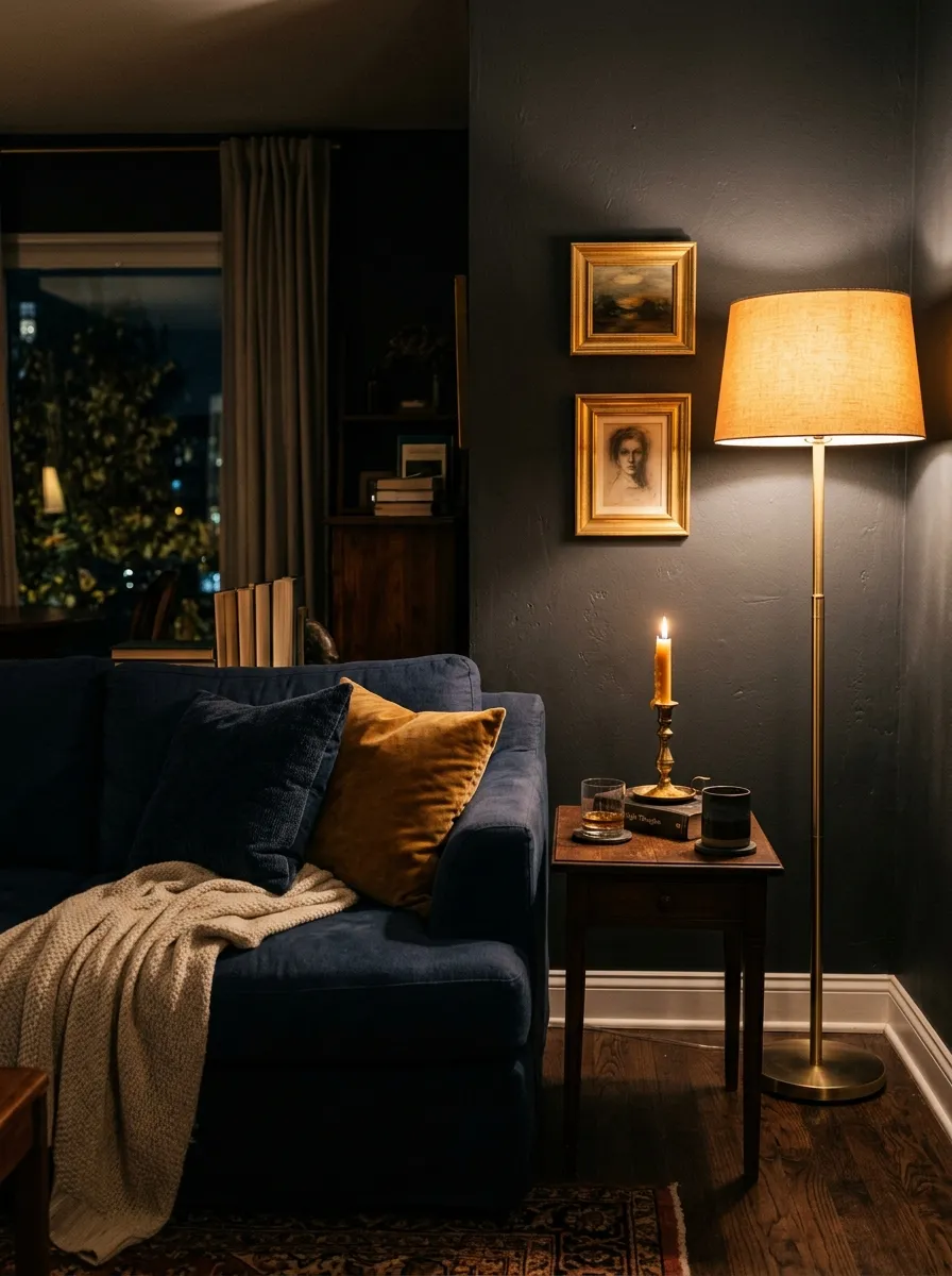 23 Moody Living Room Ideas Using Contrast, Warm Lighting, and Layered Texture for a Cozy Atmosphere 6 Brushed brass lamp and gold accents in a dark living room with navy sofa and charcoal walls
