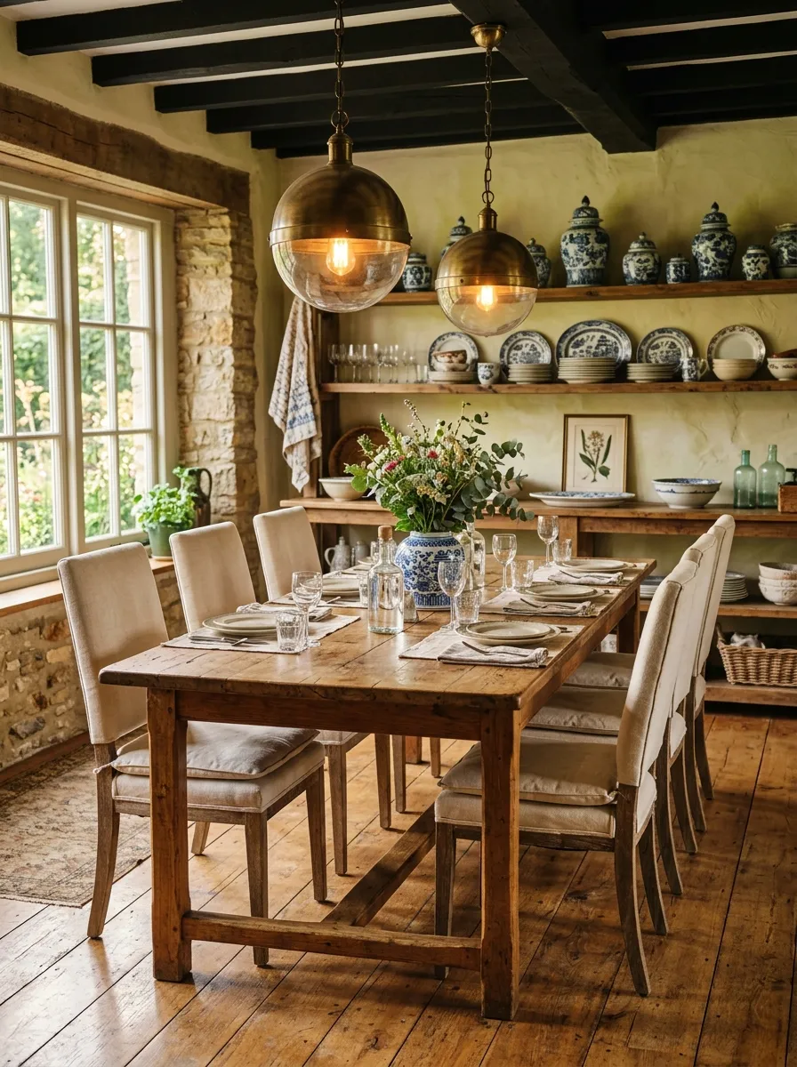 Reclaimed farmhouse dining table under brass chandelier with blue and white china in a Nancy Meyers dining aesthetic