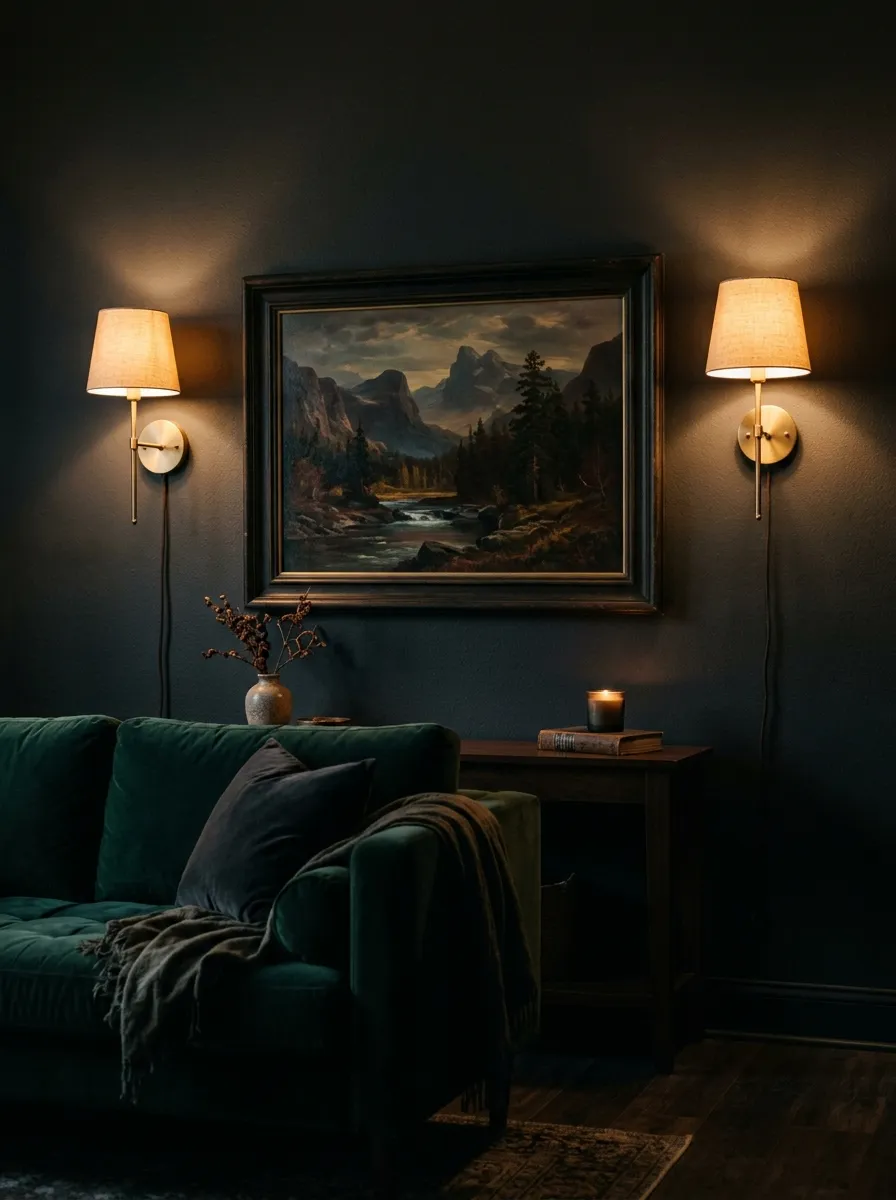 23 Moody Living Room Ideas Using Contrast, Warm Lighting, and Layered Texture for a Cozy Atmosphere 9 Brushed brass plug in wall sconces flanking dark artwork in a moody living room with charcoal walls