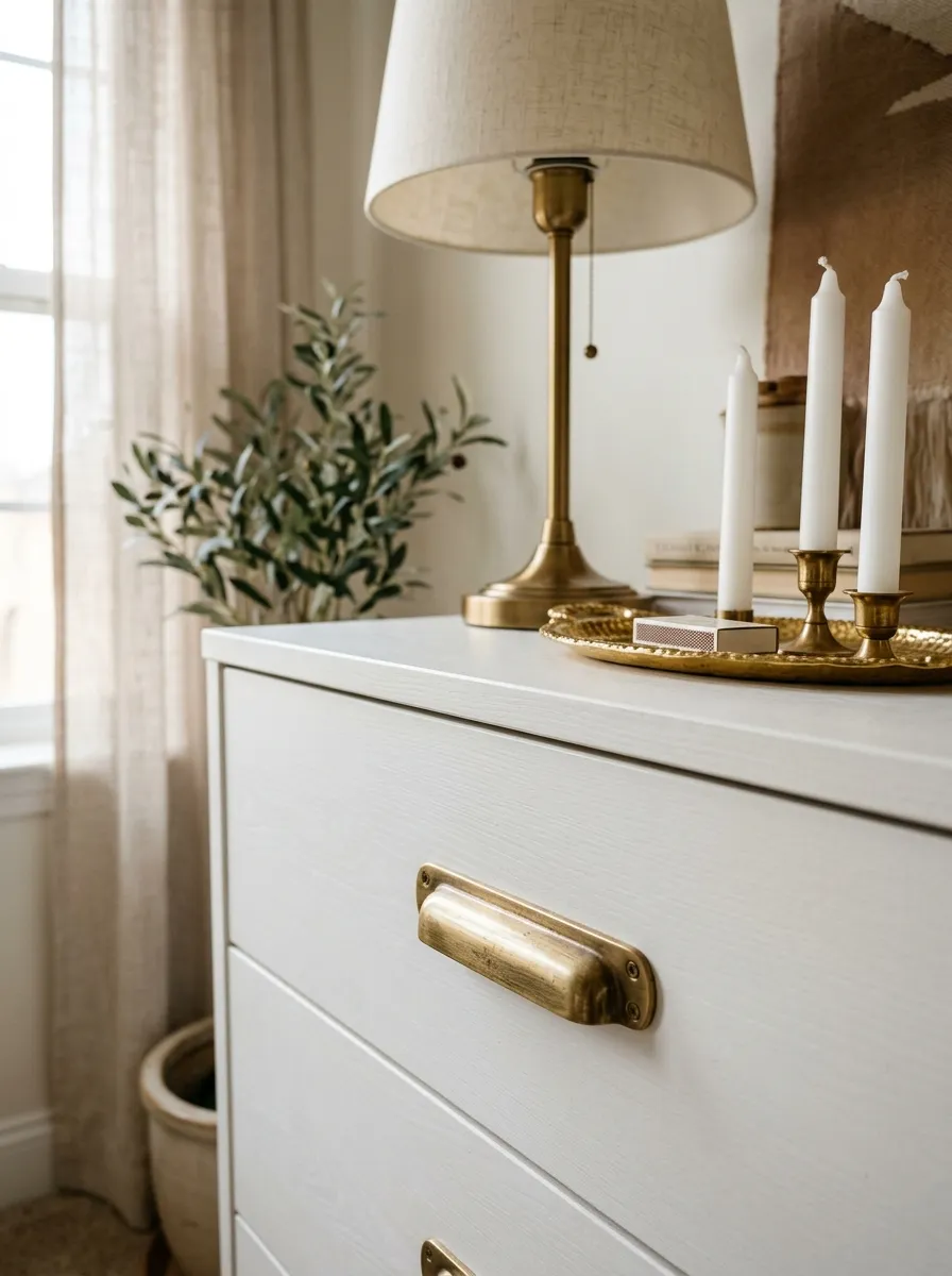 21 Glam Room Ideas That Perfectly Balance Drama, Comfort, Beauty, and Everyday Function 5 Brushed brass drawer pulls on white bedroom dresser with gold lamp and candle tray in a warm neutral glam décor setting