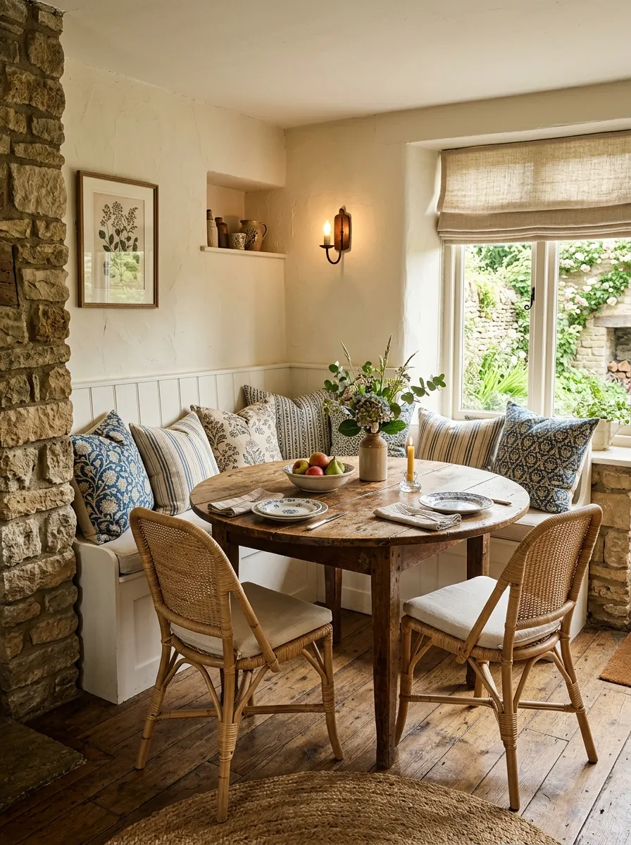 Cozy built in banquette dining nook with block print cushions and rattan chairs in a Nancy Meyers dining aesthetic