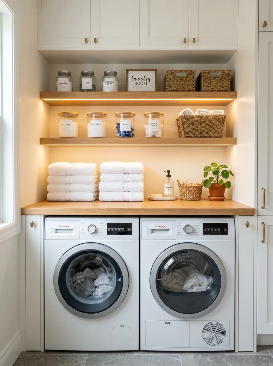 15 Laundry Closet Ideas That Use Thoughtful Design to Solve Everyday Organization and Storage Problems 7 Laundry closet with built in oak folding counter above a front loading washer and floating shelves with glass jars