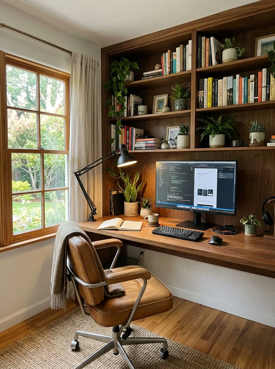 A built in walnut home office workspace with full width desk, adjustable task lamp, open shelving, and a tan leather chair