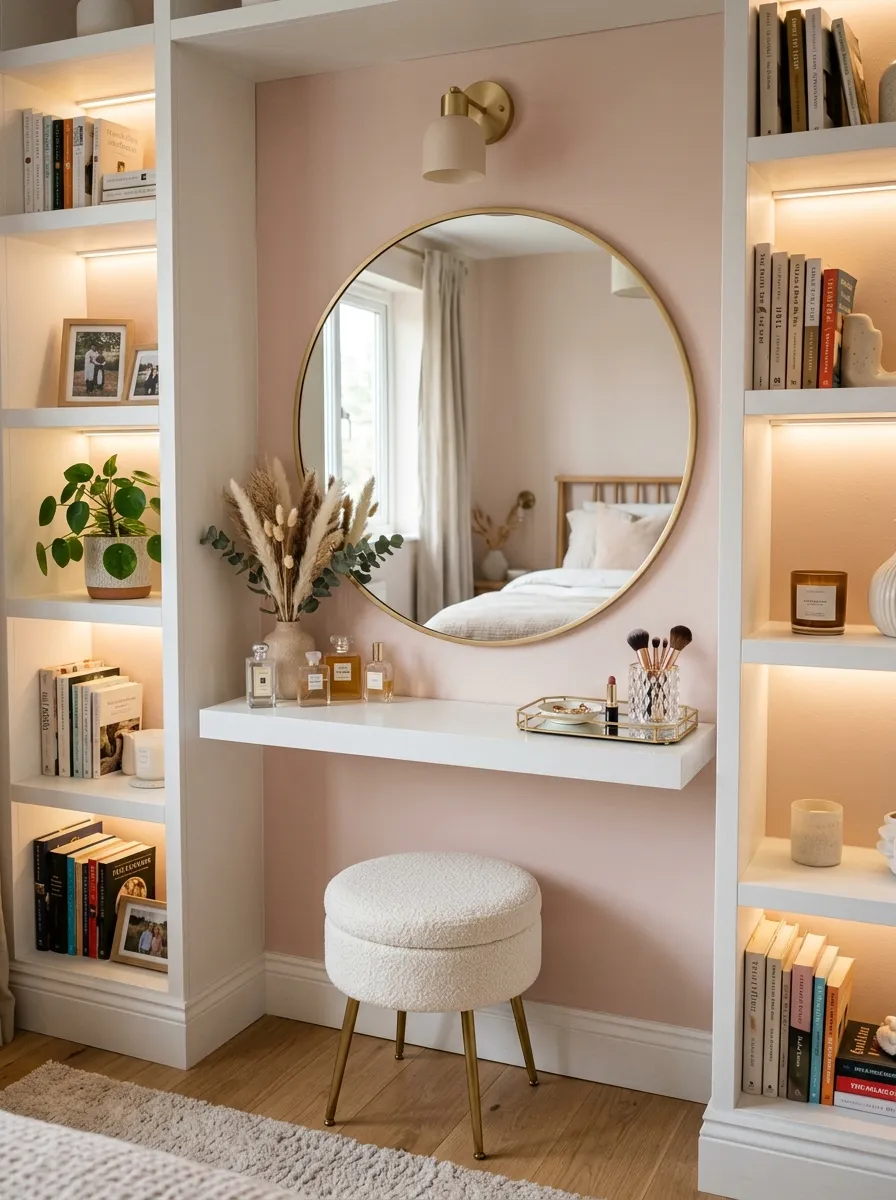 21 Glam Room Ideas That Perfectly Balance Drama, Comfort, Beauty, and Everyday Function 12 White built in vanity nook with gold round mirror, pampas grass, and perfume bottles in a blush glam room alcove with warm lighting