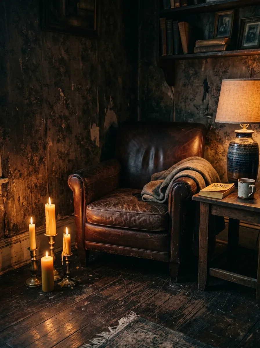 19 Grunge Apartment Ideas That Follow Quiet Design Rules for a Cool, Moody, and Authentic Space 11 Candle cluster and warm vintage lamp creating amber mood lighting in a grunge apartment corner beside a leather chair
