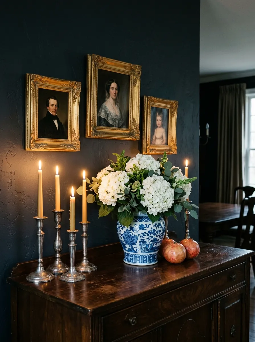 Dark walnut sideboard with silver candlesticks and gilt framed portraits in an effortless Nancy Meyers dining room style