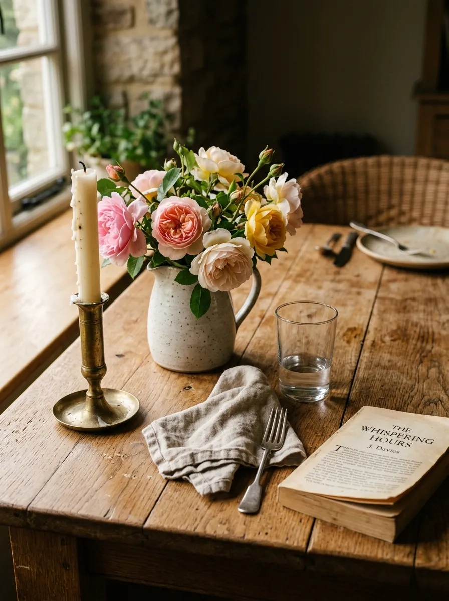 Casually styled dining table with candle, flowers, and open book in a lived in Nancy Meyers Dining Room style