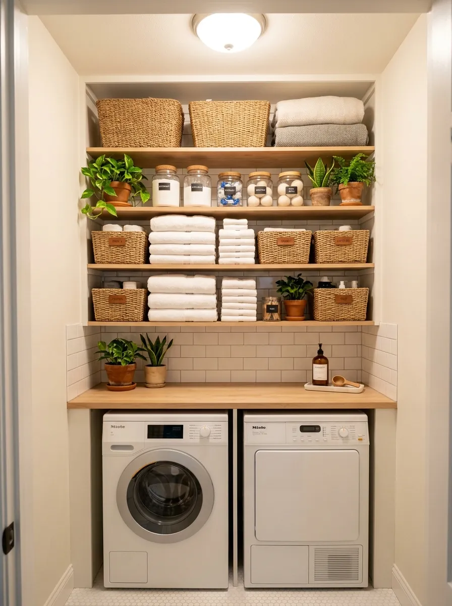 15 Laundry Closet Ideas That Use Thoughtful Design to Solve Everyday Organization and Storage Problems 2 Laundry closet with open shelves stacked to the ceiling holding folded towels, woven baskets, and glass jars