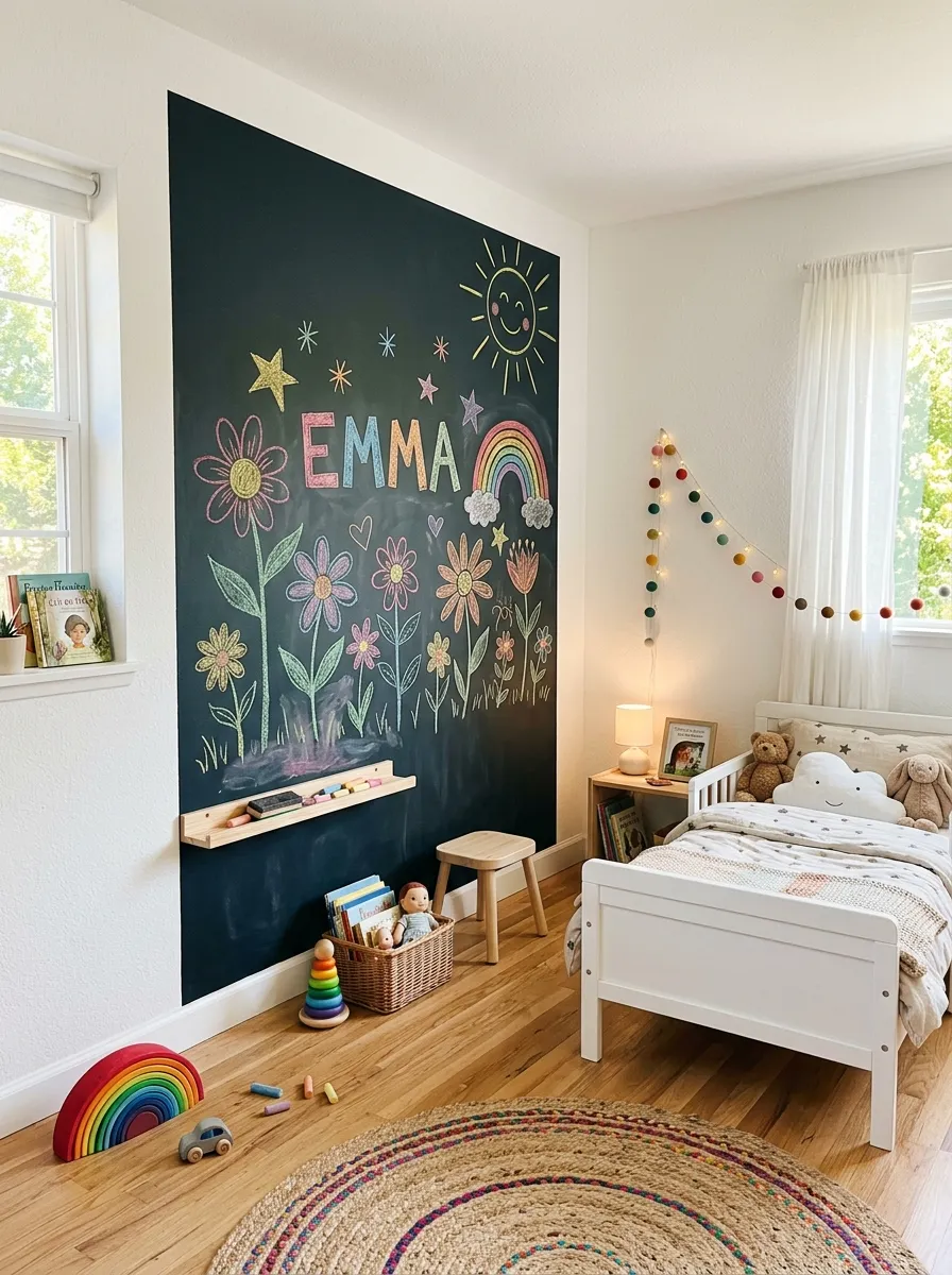 A large chalkboard panel with colorful chalk flower drawings and a wooden chalk ledge in a creative cheerful toddler girl bedroom