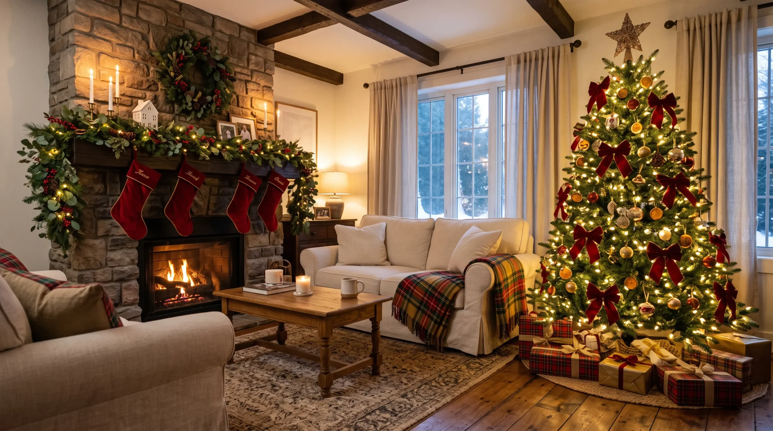 21 Christmas Decor Ideas This Year That Still Feel Beautiful, Personal, and Relevant After the First Week 5 A cozy living room styled with warm Christmas Decor including a glowing tree, pine garland, and plaid throws