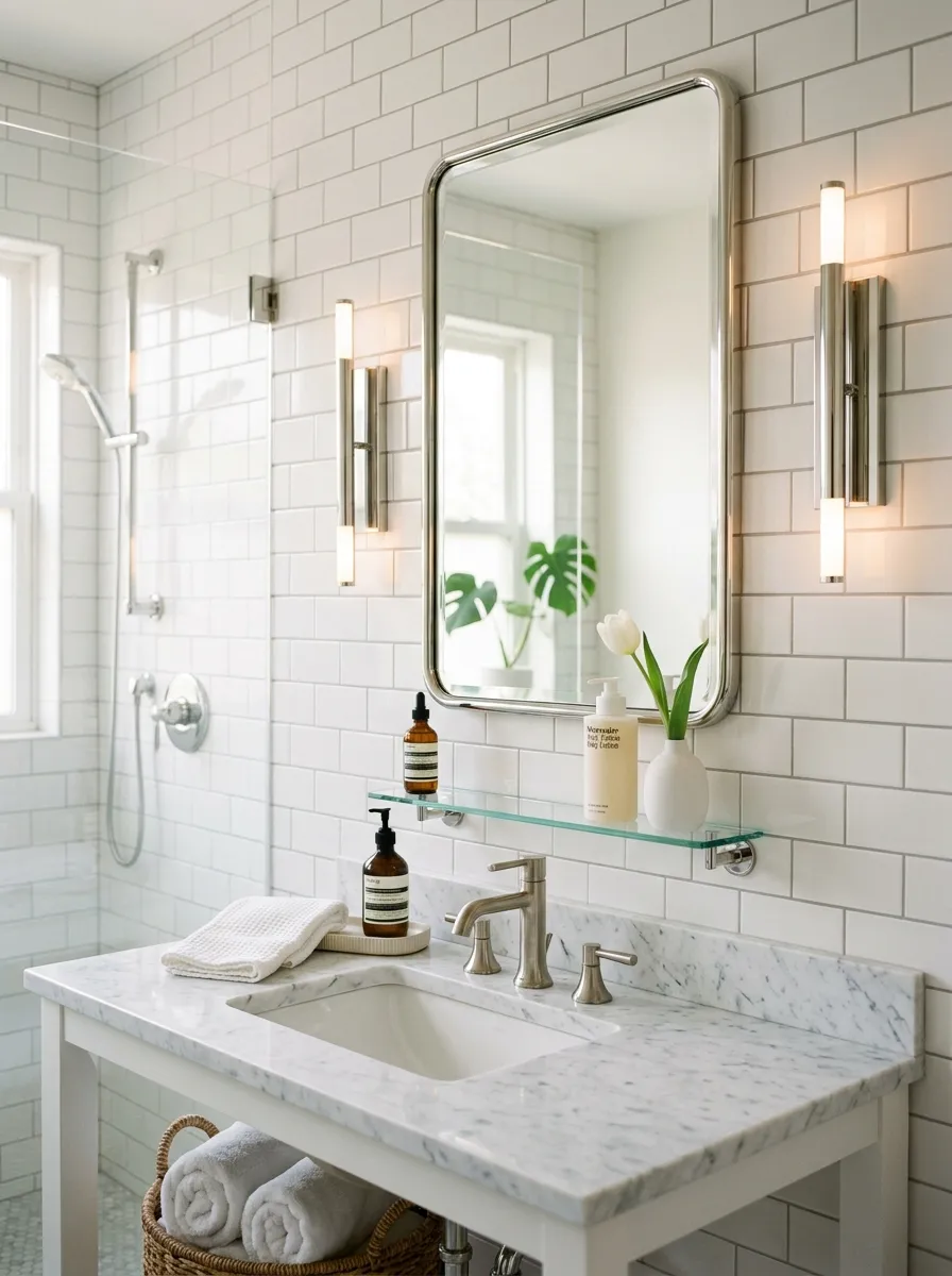 17 Postmodern Chrome Home Decor Ideas Bringing Retro Futuristic Style Back Into Modern Interiors 8 Rectangular chrome framed bathroom mirror with slim wall sconces above white marble vanity and clear glass shelf in spa like bathroom