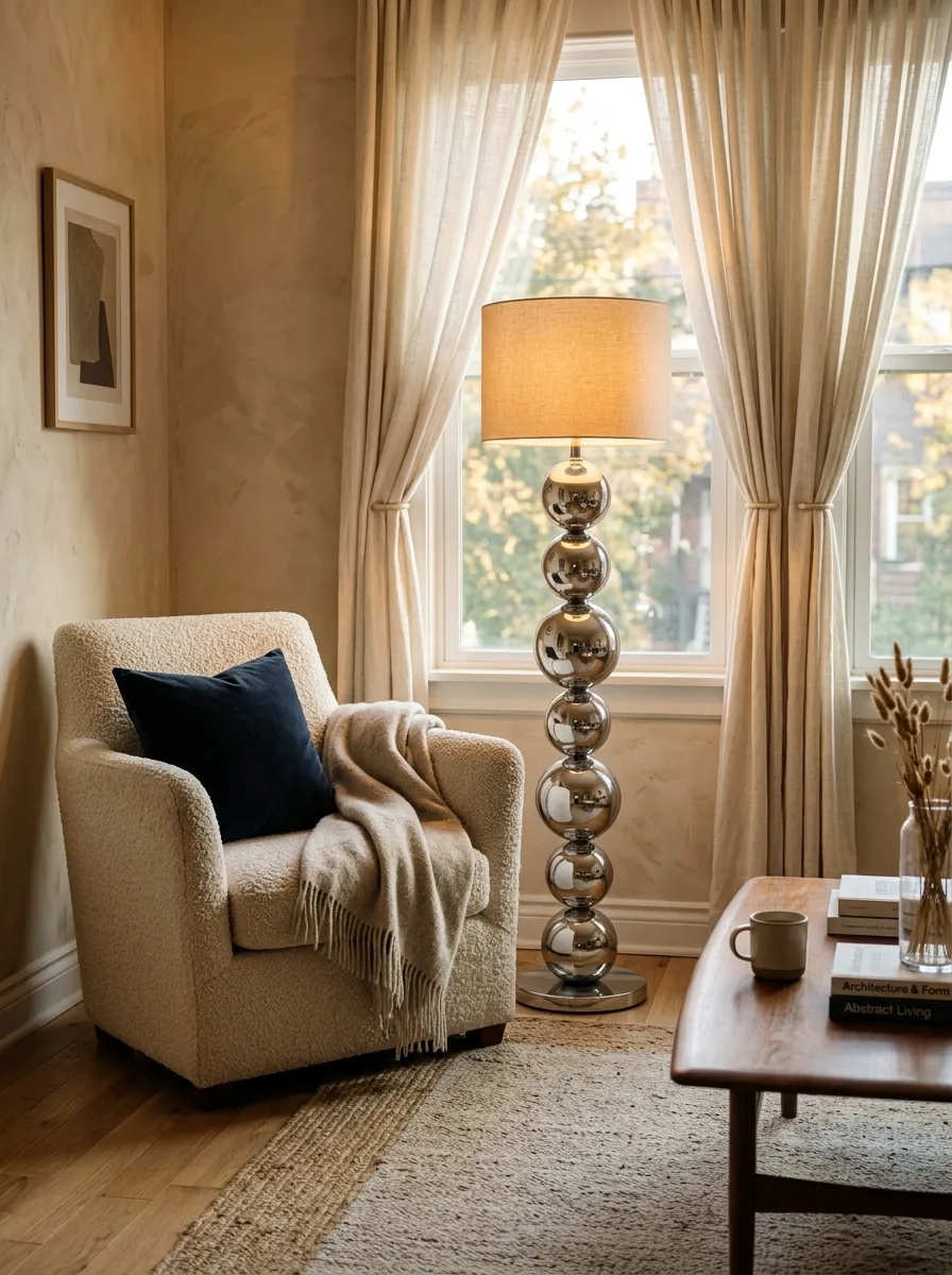 17 Postmodern Chrome Home Decor Ideas Bringing Retro Futuristic Style Back Into Modern Interiors 4 Sculptural chrome bubble floor lamp with stacked spheres beside cream boucle armchair in a warm, elegant living room