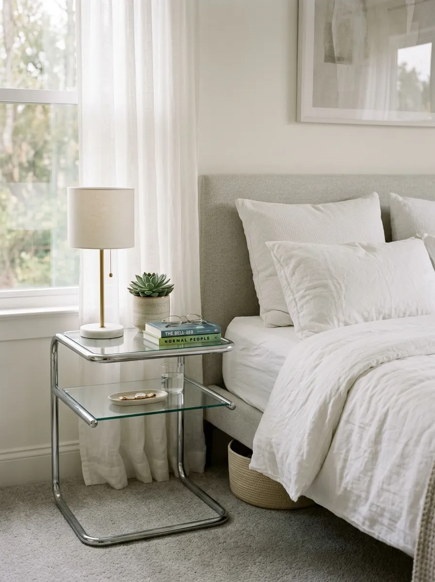 17 Postmodern Chrome Home Decor Ideas Bringing Retro Futuristic Style Back Into Modern Interiors 2 Chrome cantilever nightstand with C shaped tubular base and two glass shelves beside white linen bed in a minimal bedroom